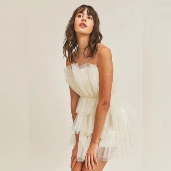 MABLE Women's Cream Strapless Tulle Tiered Ruffle Mini Dress S - Picture 2 of 8